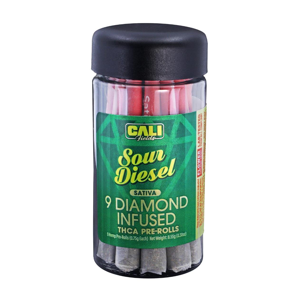 Cali Fields 9 Diamond Infused THCA Prerolls – Sour Diesel | 9CT Pack