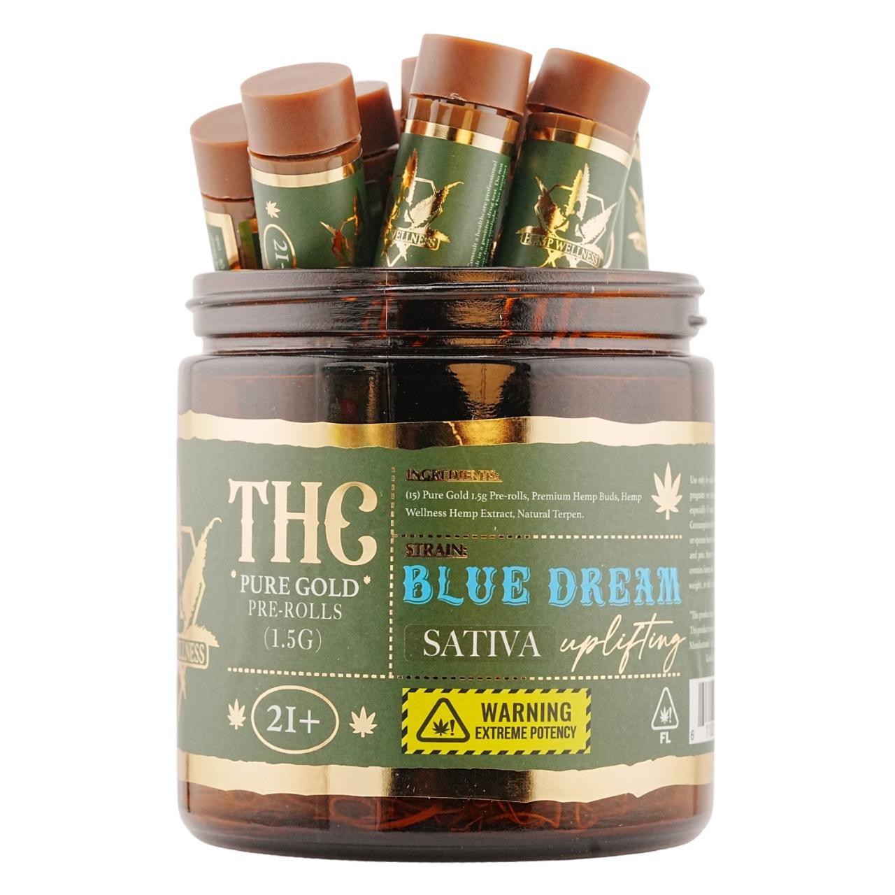 Hemp Wellness Pure Gold THC Prerolls 1.5G – Blue Dream Sativa | 12CT