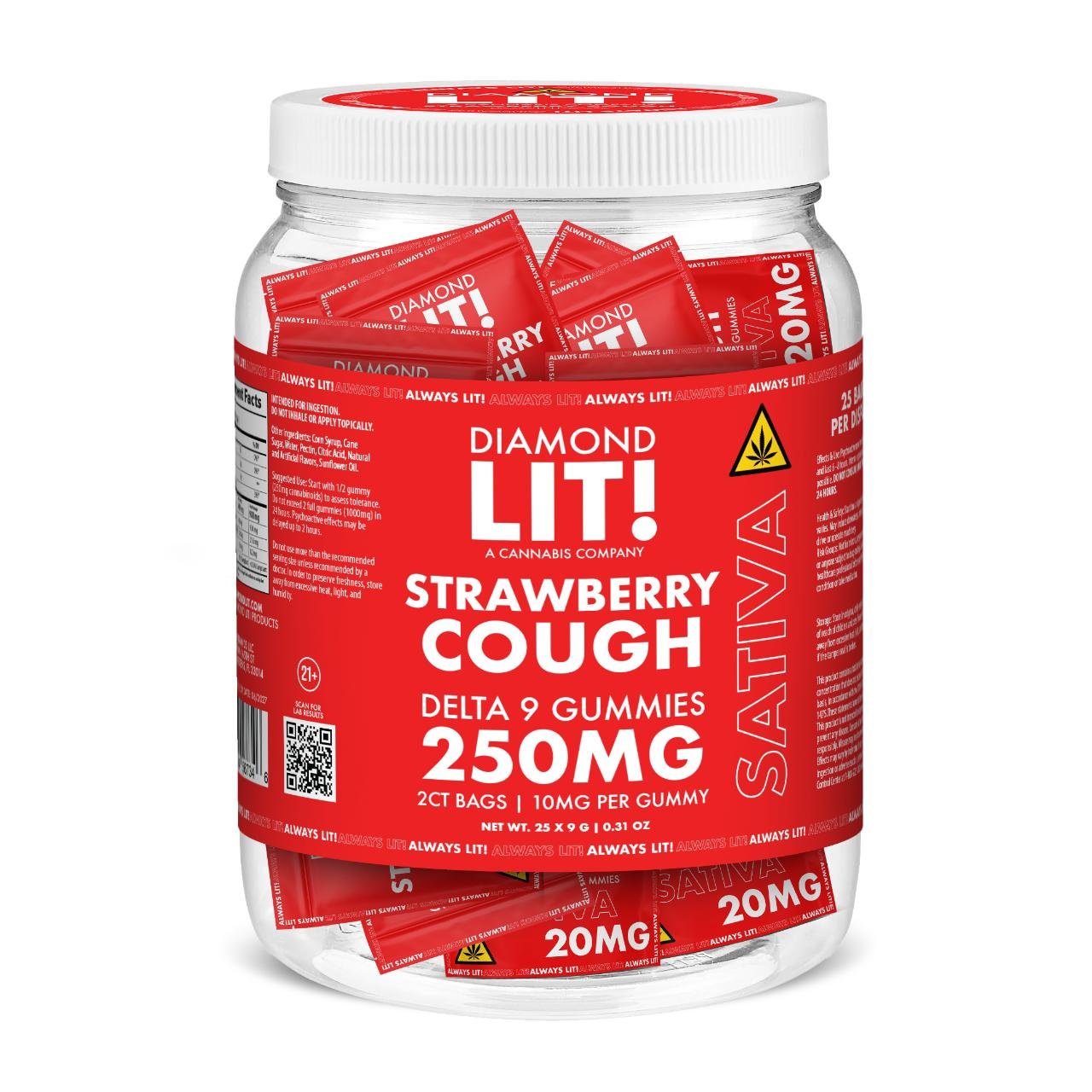 LIT THC D9 Gummies Jar – Strawberry Cough Sativa | 2PK-25CT