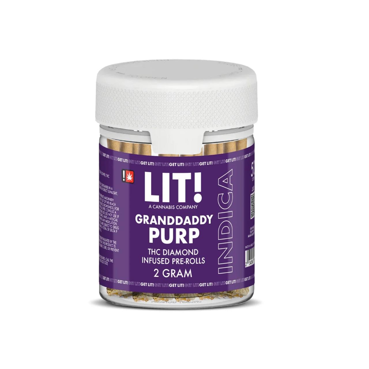 LIT THC Diamond Infused Prerolls Joint Jar – Granddaddy Purple Indica | 50CT Bulk