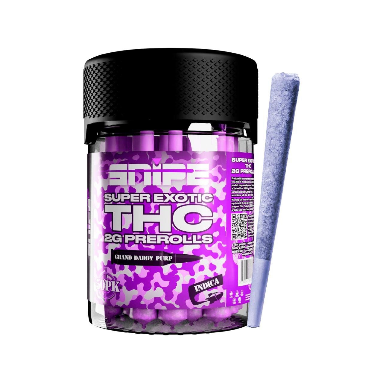 Snipe THCP Purple Prerolls 2G – Grand Daddy Purp Indica | 50PK Bulk Storage Jar